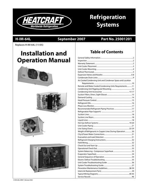 25005601 Table of Contents. . Heatcraft installation and operation manual
